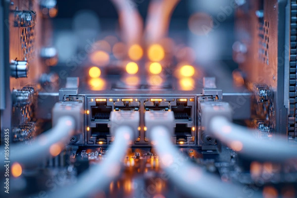 Obraz Network cables connected to a computer server with glowing indicator lights showing active data communication inside a technology infrastructure setup