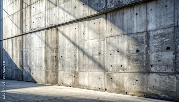 Obraz Weathered concrete wall with rectangular panels and diagonal shadows on floor