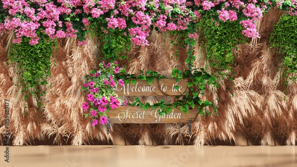 Obraz Wooden Podium with dry pampas grass for product promotion and cosmetics display, sunshade on the scene, Natural beauty pedestal, and minimal copy space banner. realistic rendering. 3d illustration.