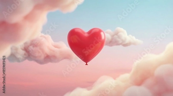 Obraz Red Heart Balloon Floating Among Fluffy Clouds