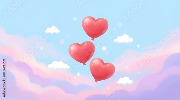 Obraz Three Heart Balloons Floating in Sky with Clouds