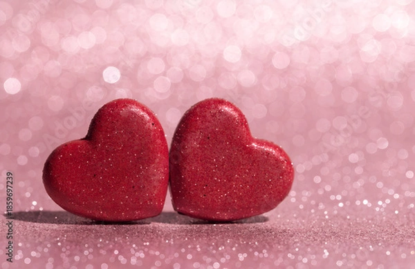 Fototapeta Two glittery red hearts on a shimmering pink background representing love and romance