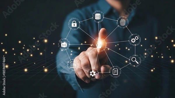 Fototapeta Man interacting with digital network finger technology