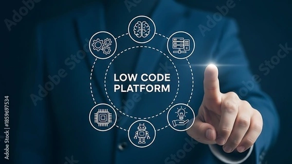 Fototapeta Low code platform with hand interaction finger technology