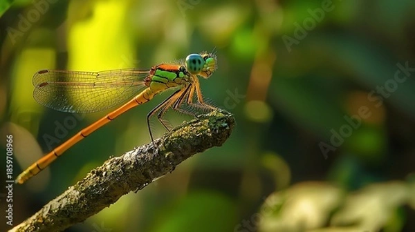 Obraz Vibrant Damselfly Portrait Detailed Macro of Insect on Mossy Branch in Lush Greenery.