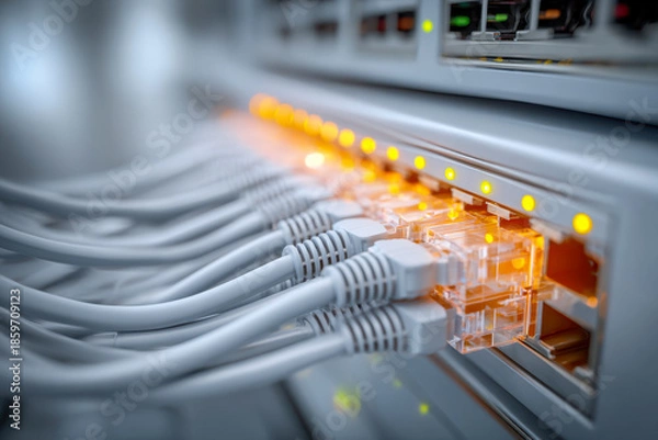 Obraz Network switch with multiple connected ethernet cables and glowing indicator lights representing high-speed data transfer and internet connectivity in a server room