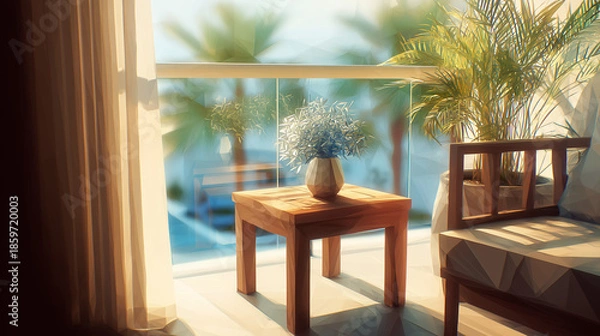 Obraz リゾートホテル客室のバルコニーに置かれたサイドテーブルが、静かな朝の時間を演出する南国の情景の水彩ポリゴン