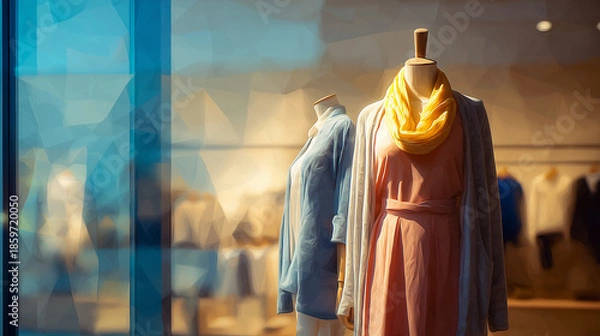 Obraz コーディネートを提案するマネキンが、アパレル売り場の入口で視線を引きつける演出空間の水彩ポリゴン