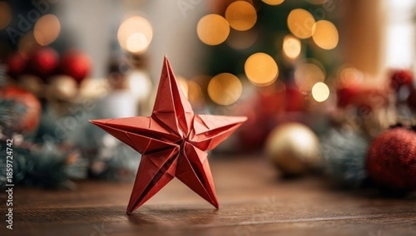 Obraz Festive Origami Star Decoration on Wooden Table with Bokeh Lights.