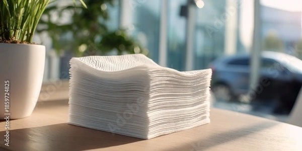 Obraz Stack of white napkins on a wooden table with plant.