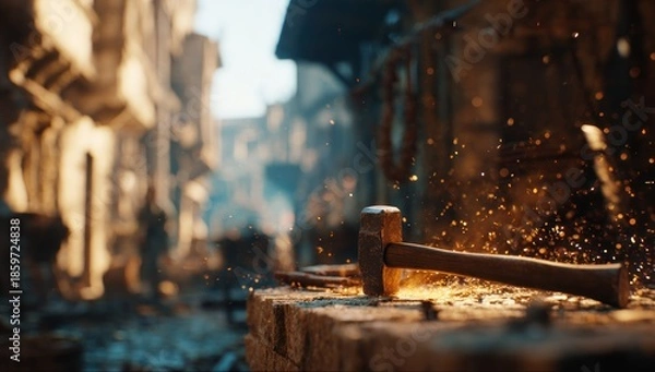 Obraz Hammer striking metal in a blacksmiths workshop with sparks flying.