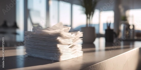 Obraz Stack of White Paper on a Desk in Bright Sunlight.