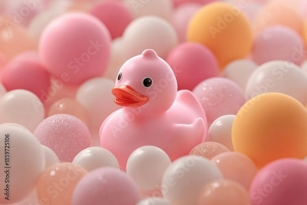 Obraz Pink Rubber Duck in a Ball Pit of Pastel Spheres.