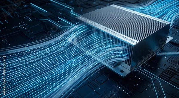 Obraz Cooling system for data center shows airflow and technology features.