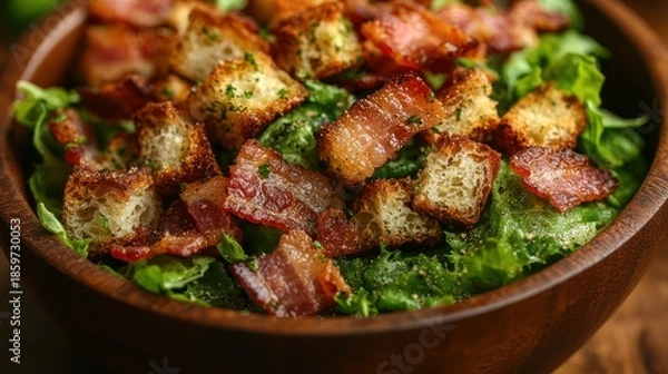 Obraz Fresh Caesar salad with crisp croutons and bacon in a wooden bowl, a delicious meal