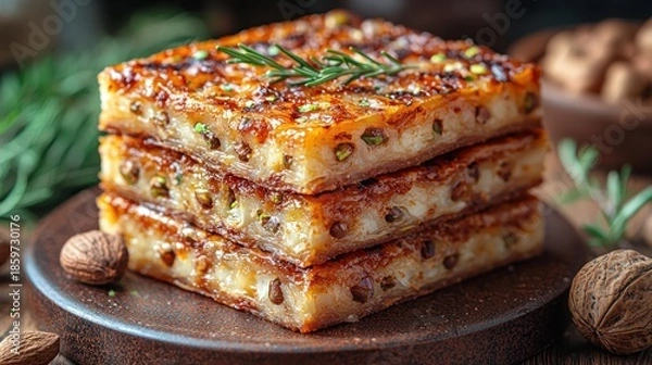 Obraz Stacked square desserts, topped with sprigs and nuts, served on a rustic, round plate