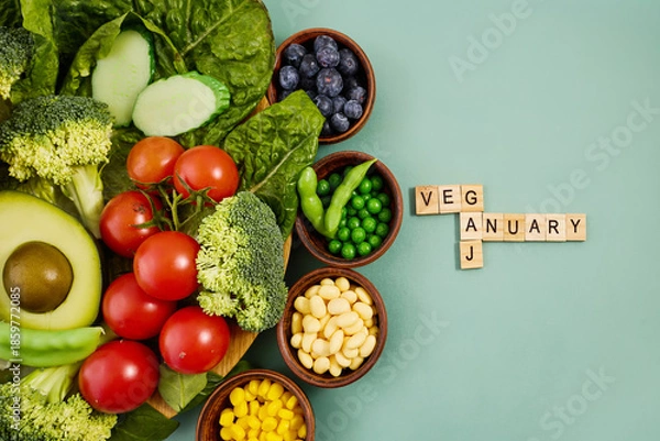 Fototapeta Veganuary new year healthy eating challenge with fresh vegetables