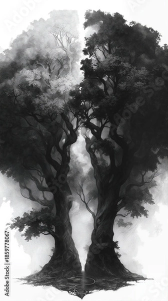 Obraz Two Trees Communicating in a Secret Language?. Generative AI
