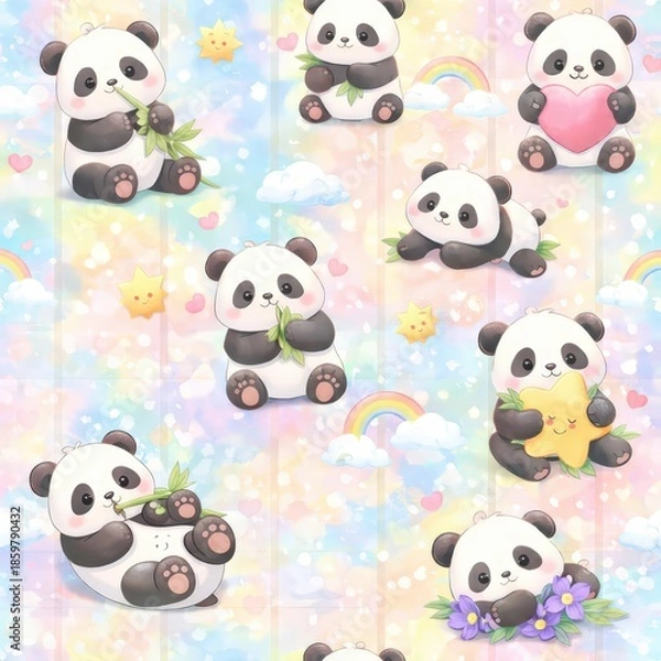 Fototapeta Cute Panda Seamless Pattern on Pastel Background