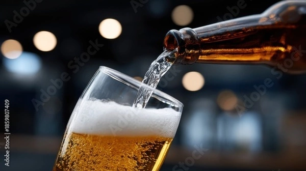 Obraz Close-up of beer pouring into a glass, showing rich foam and golden bubbles. Ideal for advertising, hospitality, and beverage promotions.