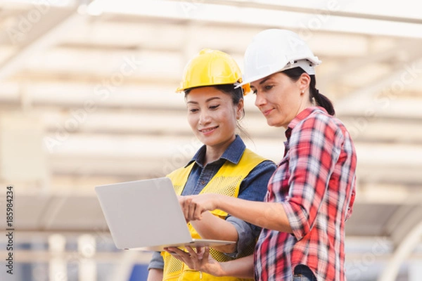 Fototapeta Engineers two woman working on plan building construction with laptop in city