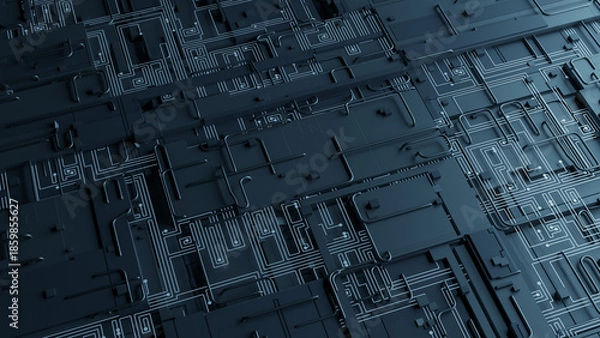 Obraz Futuristic Cyberpunk Blue Circuit Grid Data Background. 3d rendering
