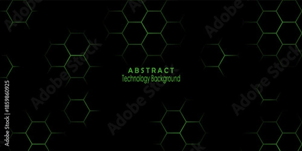Obraz Minimal futuristic background with green hexagonal network elements, representing blockchain, virtual systems, and digital communication.