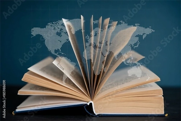 Obraz open book with digital world map. Technology knowledge and global education