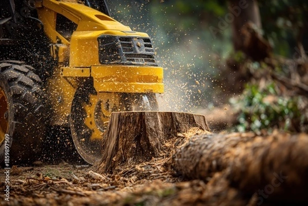 Obraz yellow stump grinder cutting tree