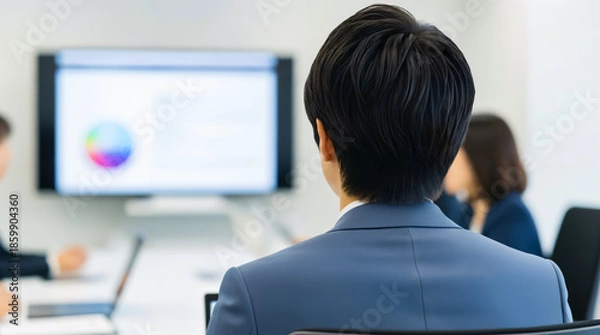 Obraz Rear View of Japanese Business Professional Reviewing Data in Meeting