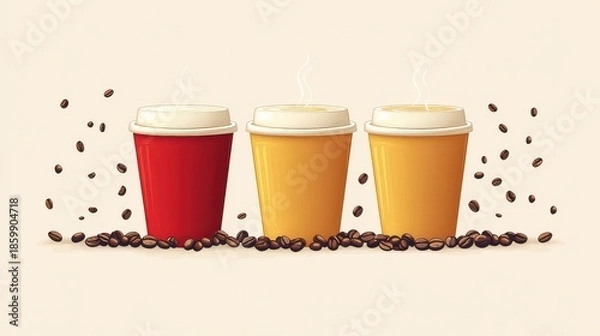Obraz Three takeaway coffee cups with coffee beans.