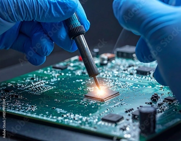 Obraz Soldering a Microchip on a Circuit Board with Precision.