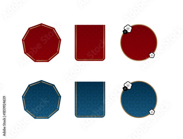 Obraz ボルドーレッド（深紅/臙脂色）とミッドナイトブルー（濃紺/鉄紺色）の2色展開。 背景には日本の伝統文様である亀甲花菱（きっこうはなびし）の透かしパターンが入っている。 形状は左から「ゴールド枠の八角形」、中央が「下部がカットされたリボン形状の長方形」、右が「梅の花の飾りがついた円形」の3種