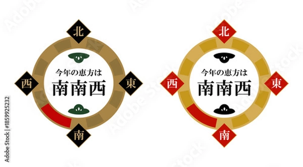 Obraz アンティークゴールドとクリムゾンレッドの2配色、「今年の恵方は南南西」のテキストと松の装飾が入った節分用コンパス・方位盤イラスト｜円形のリングフレームの四方（上下左右）には、「北」「南」「東」「西」の漢字一文字が入った菱形（ひし形）の飾りが付いた、節分イベント専用の方位コンパスデザイン