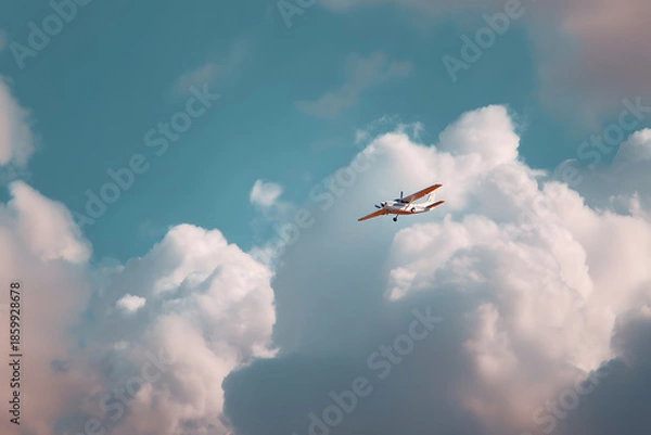 Obraz a small plane flying through a cloudy sky