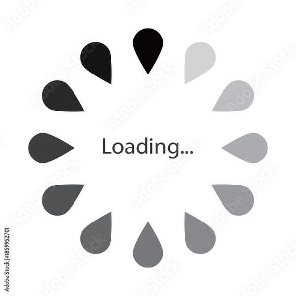 Obraz モノクロのグラデーションの雫が円状に並ぶローディングのマークのベクターイラスト。Webサイトやゲーム、データなどの読み込み中を表すフラットなUIアイコン