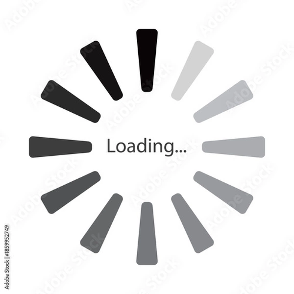 Obraz モノクロのグラデーションの細長い台形が円状に並ぶローディングのマークのベクターイラスト。Webサイトやゲーム、データなどの読み込み中を表すフラットなUIアイコン