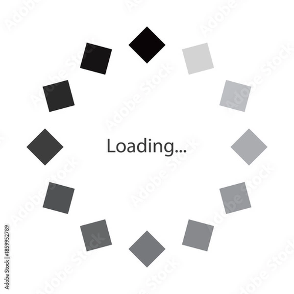 Obraz モノクロのグラデーションのダイヤが円状に並ぶローディングのマークのベクターイラスト。Webサイトやゲーム、データなどの読み込み中を表すフラットなUIアイコン