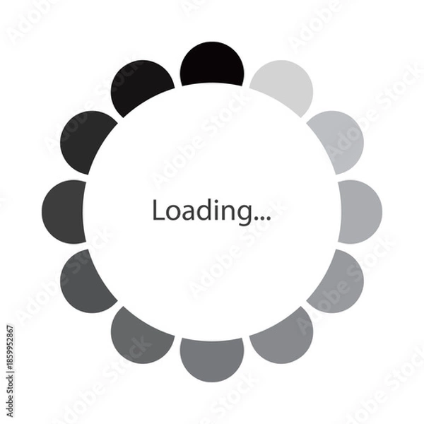 Obraz モノクロのグラデーションの花のようなローディングのマークのベクターイラスト。Webサイトやゲーム、データなどの読み込み中を表すフラットなUIアイコン