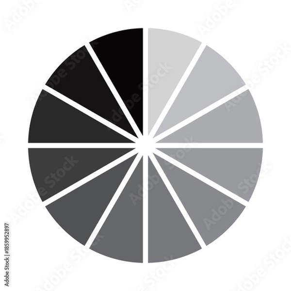 Obraz モノクロのグラデーションの円を12等分したローディングのマークのベクターイラスト。Webサイトやゲーム、データなどの読み込み中を表すフラットなUIアイコン