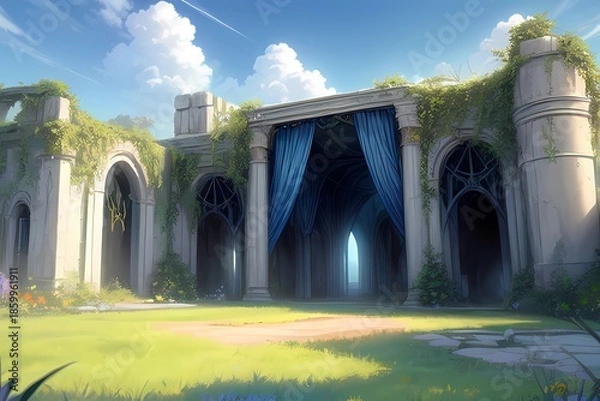 Obraz ゲーム背景　謎の人のケア委があるカーテンが惹かれた遺跡ダンジョンの入り口