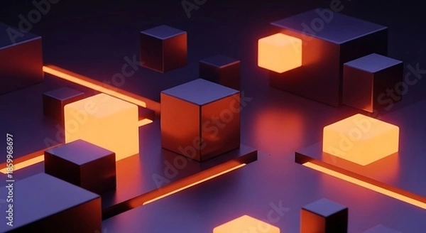Obraz Futuristic Digital Network with Glowing Cubes and Interconnected Luminous Pathways Reflecting Data