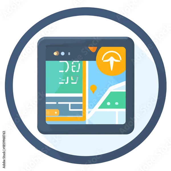 Fototapeta Digital Navigation Interface on Black Tablet with Blue Circle Frame Location Pointer and Route Indicator Flat Style Design Graphical User Interface