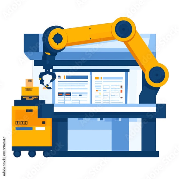 Obraz Automated Robotic Arm System with Software Interface on White Background