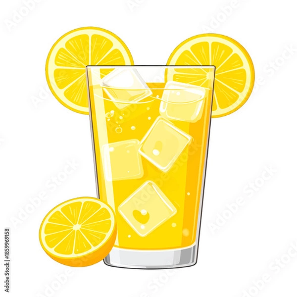 Fototapeta Refreshing Lemonade with Ice Cubes and Lemon Slices on White Background