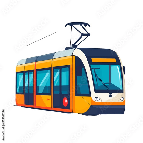 Fototapeta Isolated Yellow And Blue Pixel Art Tram With Overhead Electrical Cables On A White Background