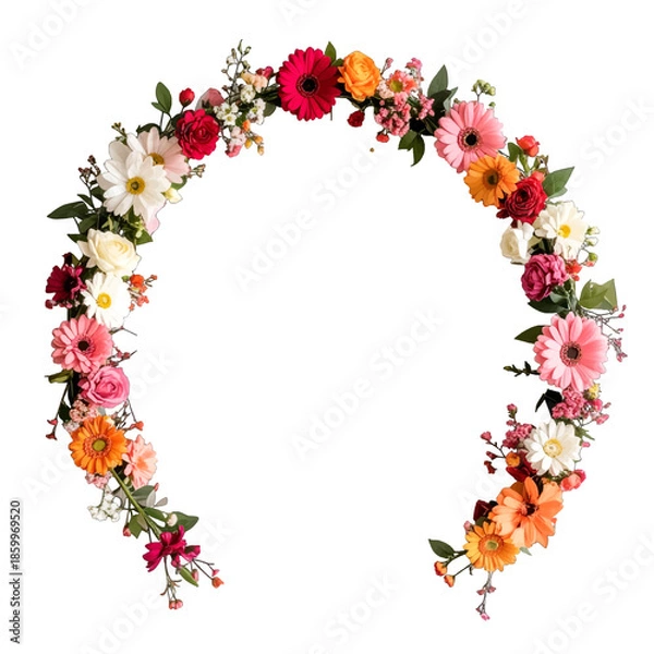 Fototapeta Floral Wreath with Vivid Red White Pink and Orange Flowers on a Clean White Background
