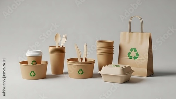 Obraz Eco-friendly Disposable Tableware Set on White Background