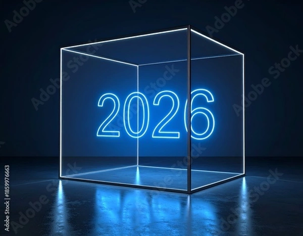 Obraz Illuminated "2026" within a transparent cube. Dark, reflective background