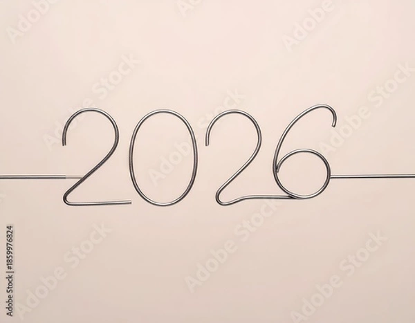Obraz Metallic wire forms "2026" against a soft, solid, pastel background